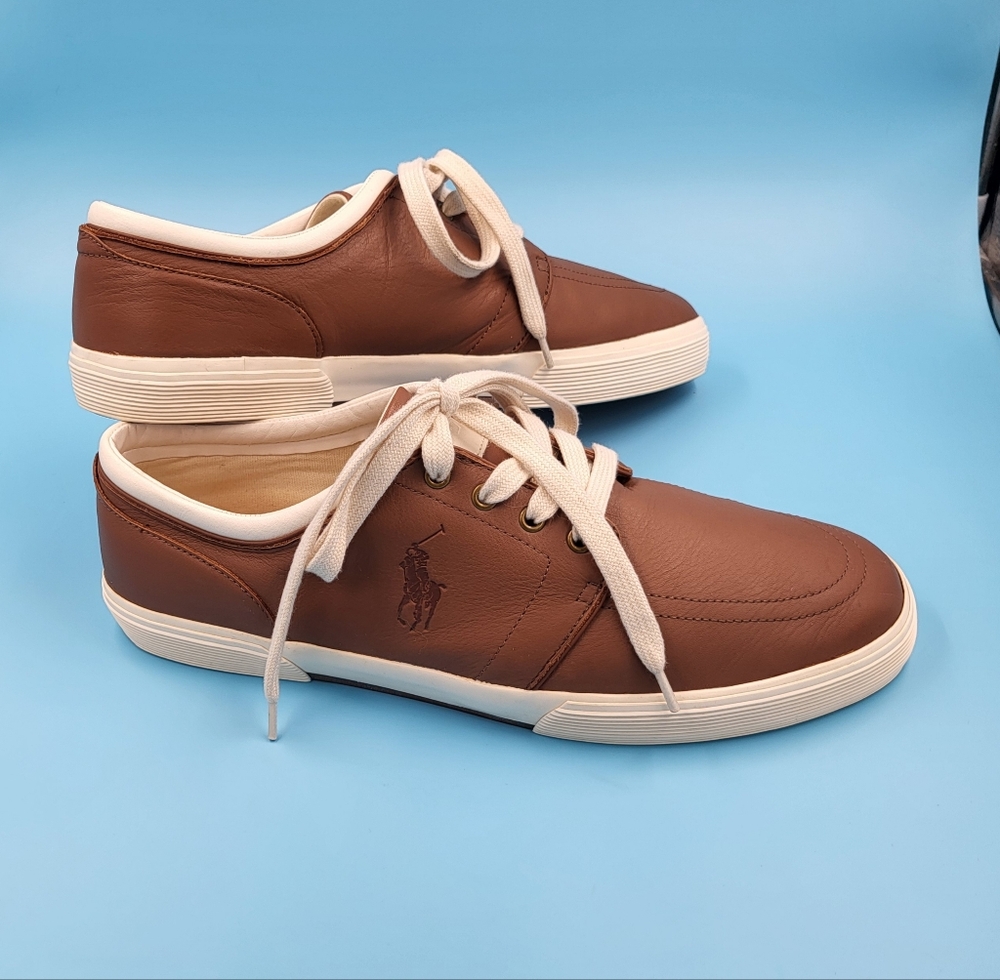 Mens Polo Ralph Lauren Tan Leather Faxon Low Top Boat Shoes Sneakers EUC sz 14 D - Picture 6 of 14